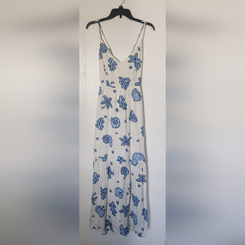 Blue and White Sea Life Print Beach Dress. Laceup Back